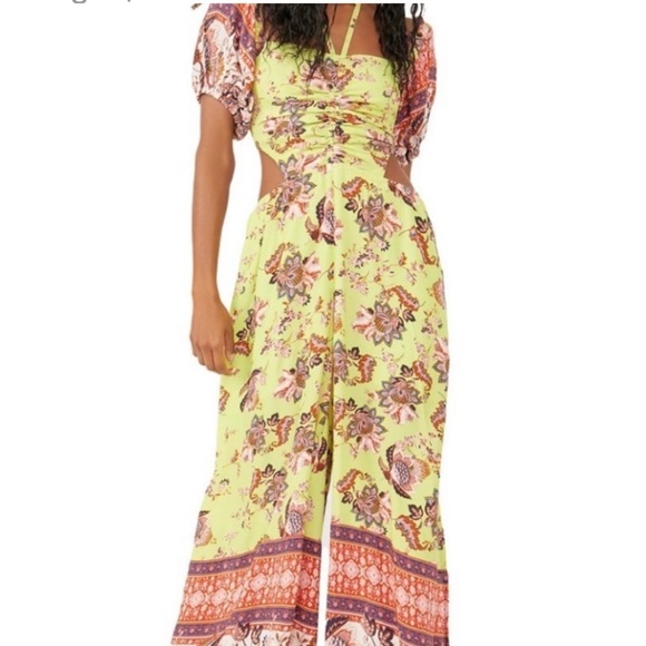 NWT FREE PEOPLE bali citrus skies lime red Floral Yellow Jumpsuit size XS - Picture 3 of 13
